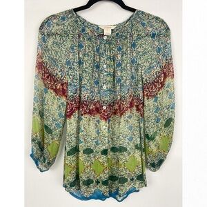 Sundance‎ Womens 100% Silk Floral Peasant Blouse XS Button Up Long Sleeve Boho